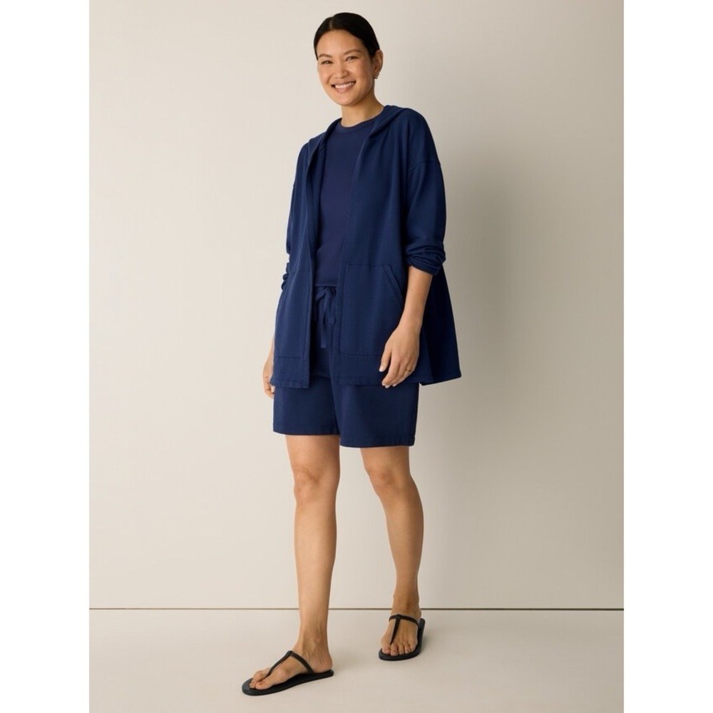Eileen Fisher Women's M Blue Hooded Open Front Cardigan Jacket Oversized Pockets